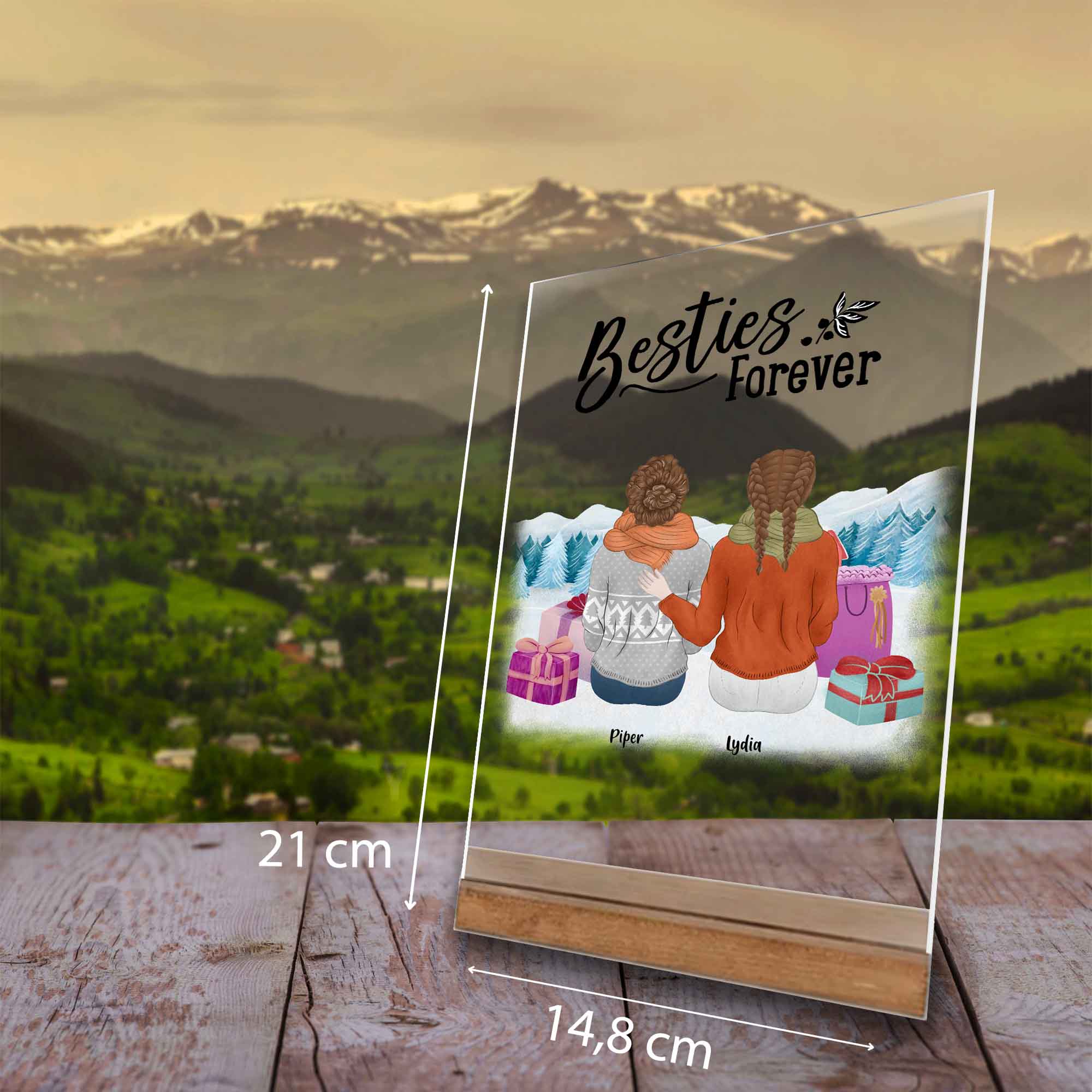 Best friends Geschenke-Dekoration mit Massangaben-Landschaft im Hintergrund