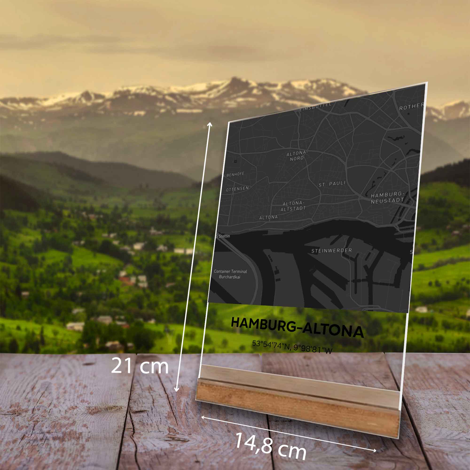 Personalisierte Stadtkarte-Dekoration mit Massangaben-Landschaft im Hintergrund