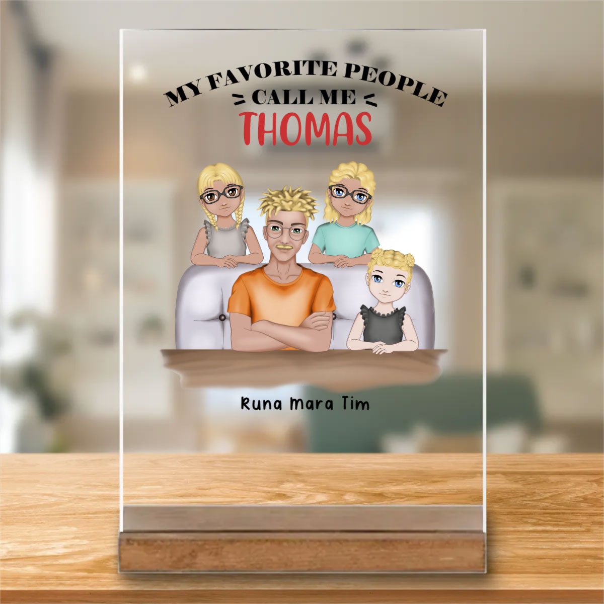 Lieblingsmensch Geschenk, personalisierter Acrylglasaufsteller mit liebevoller Familienillustration