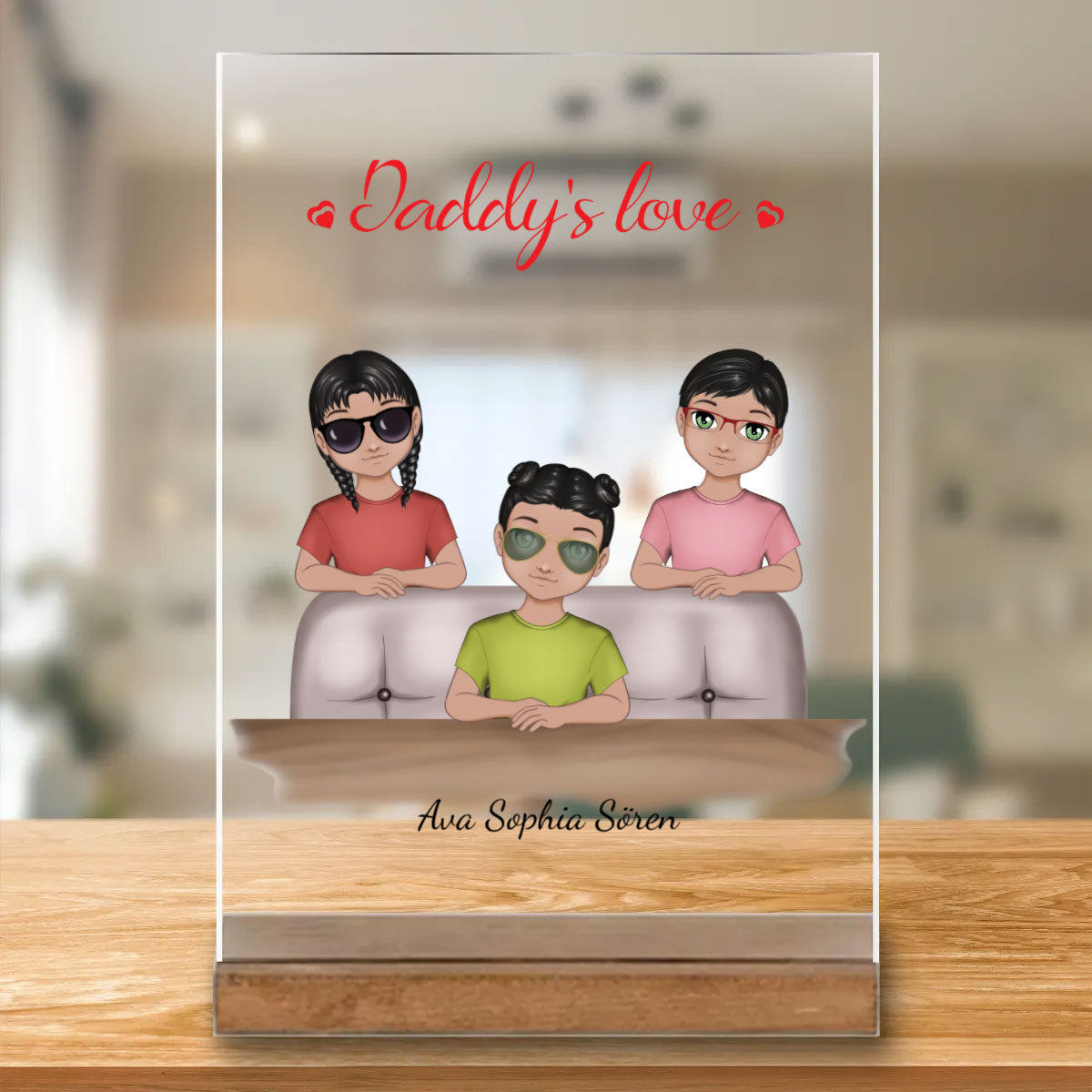 "Papa Geschenk, personalisierter Acrylglasaufsteller mit drei Kindern und 'Daddy's Love' Schriftzug".