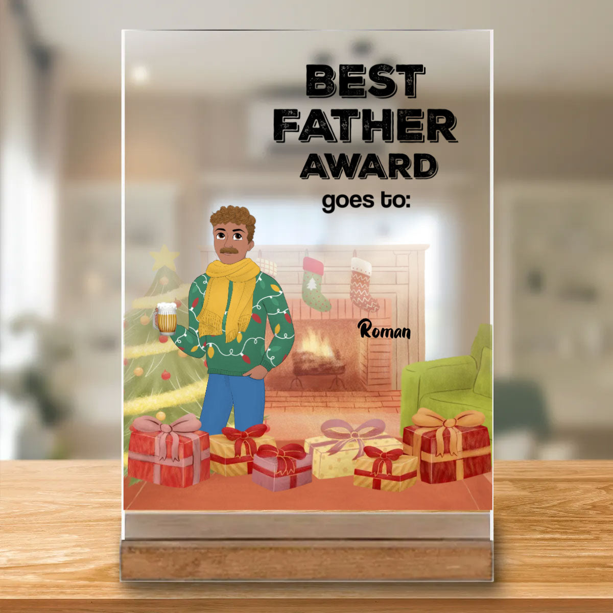 Bester Papa der Welt Geschenk" Acrylglasaufsteller mit "Best Father Award" und liebevoll gestalteter Figur mit Geschenken.