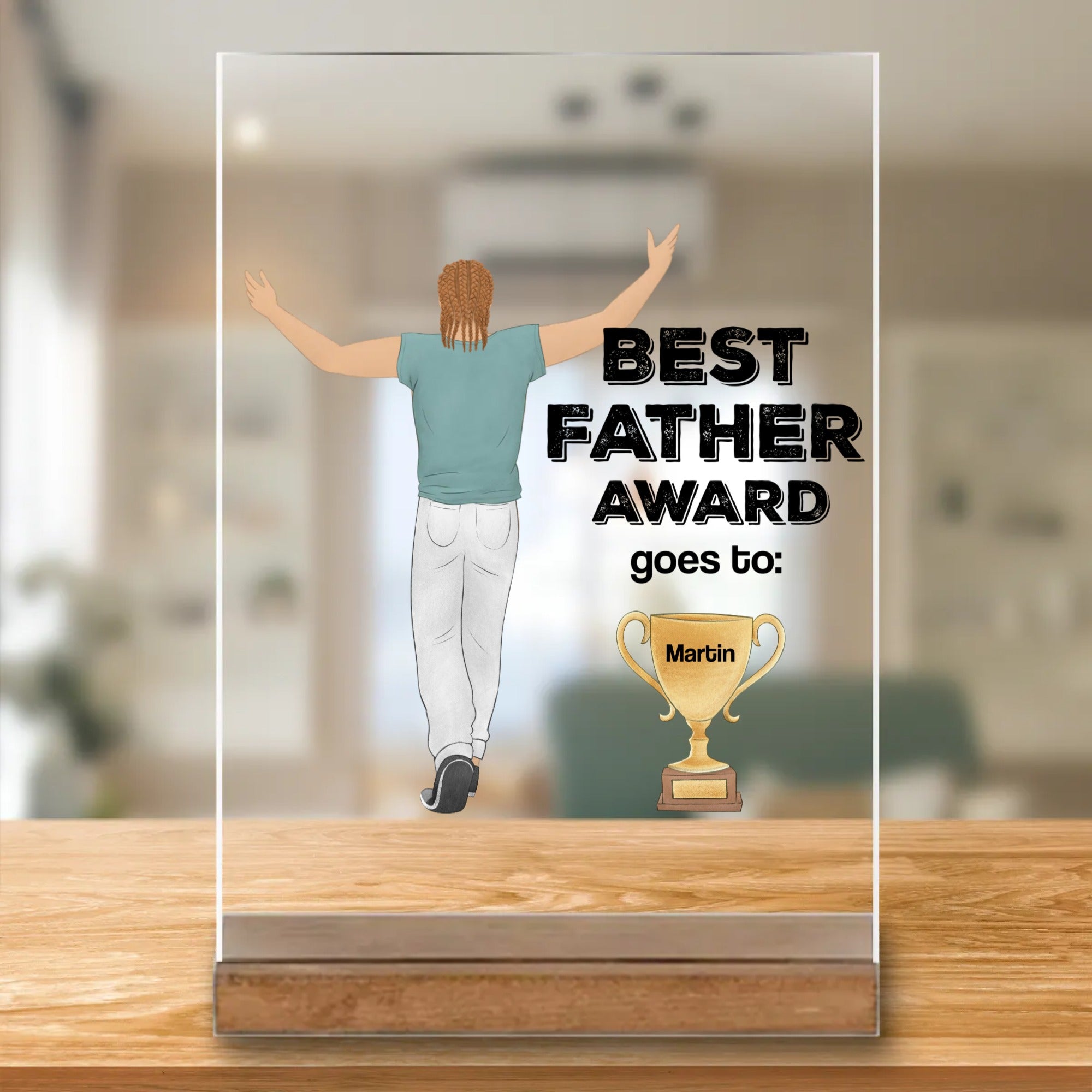 Geschenk für Vater zum Geburtstag mit "Best Father Award" und Pokal auf personalisiertem Acrylglasaufsteller